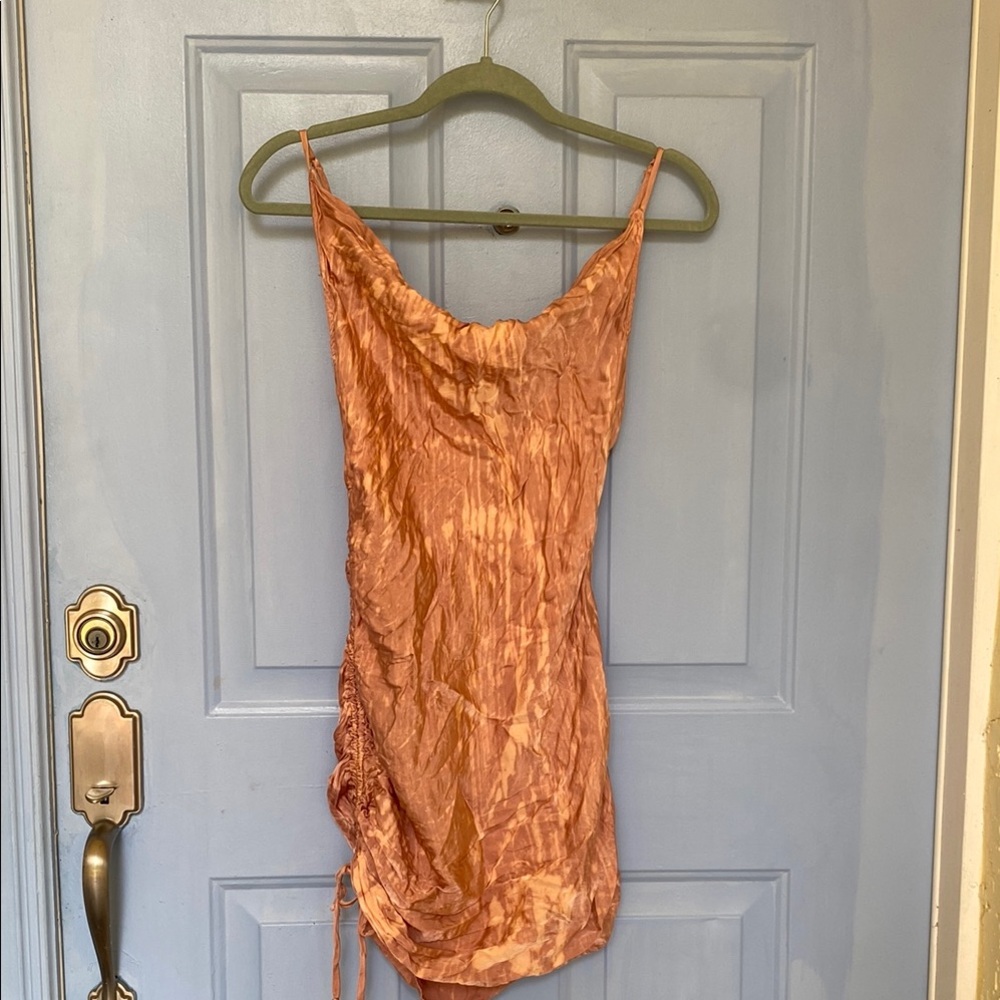 Cowl Neck Satin Ruched Mini Slip Dress in Peach tie dye